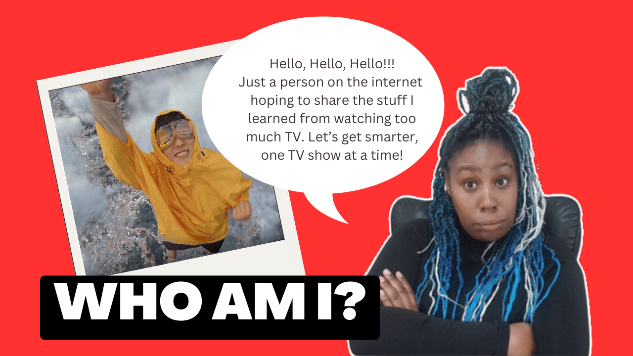 A person in a yellow raincoat is floating in the air against a red background with a person with blue dreads sitting in an office chair.