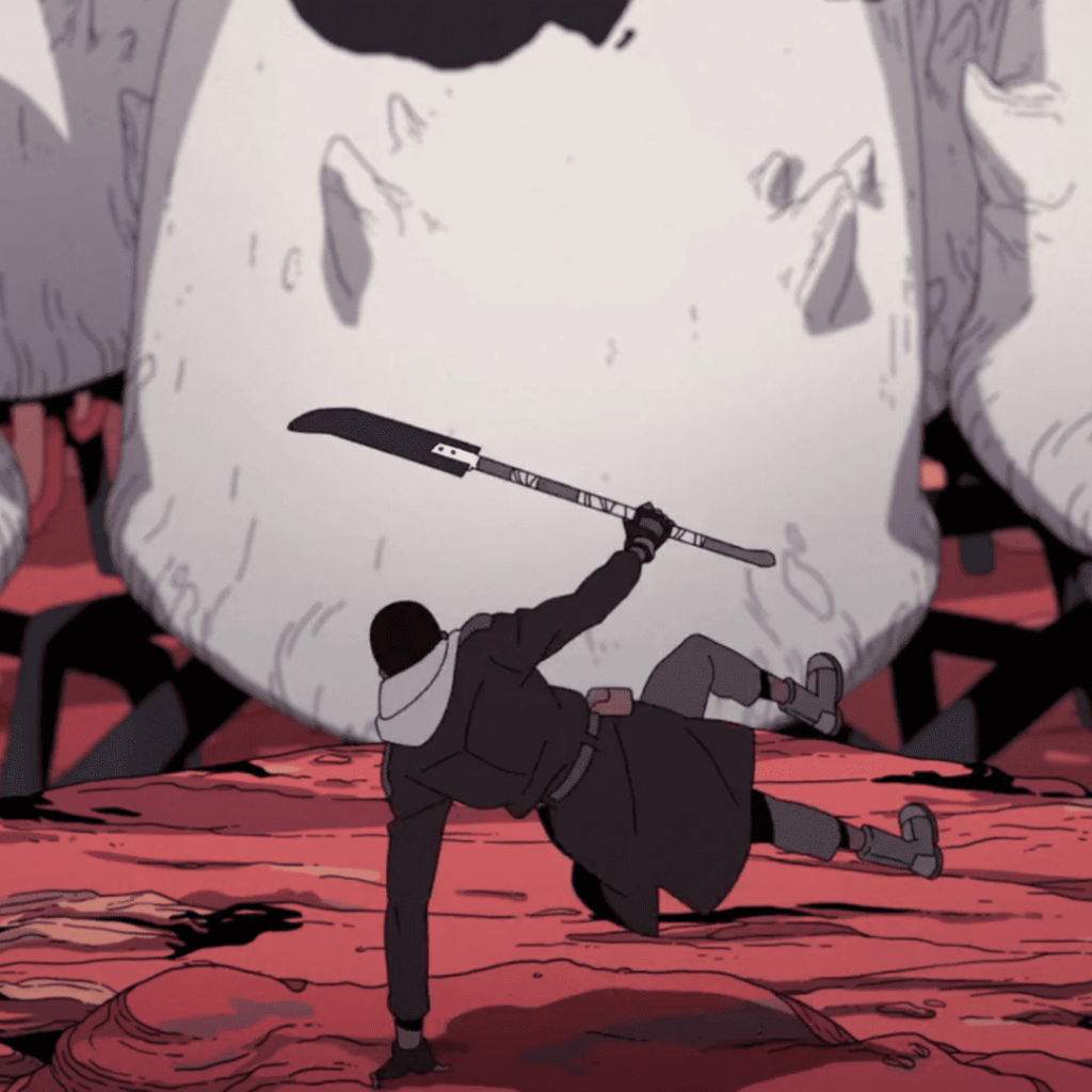 Sci-Fi series like Tomorrow & I: Scavenger's Reign - a person with a sword in front of a giant monster