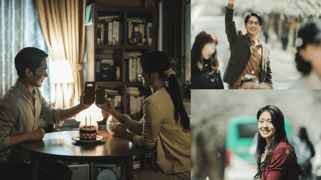 a collage of people sitting at a table with a cake in front of them