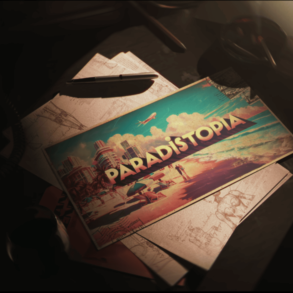 Tomorrow & I: a poster with the word paradistopia on it sitting on top of some papers