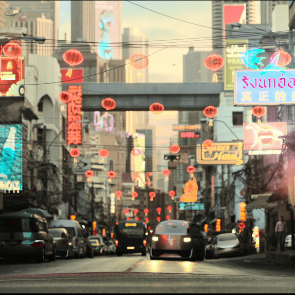 Tomorrow & !: a city street with neon signs and cars driving down it