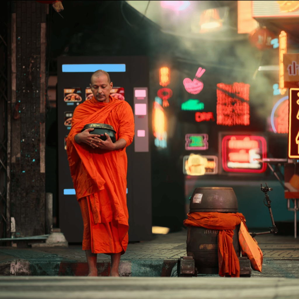 Tomorrow & I: a monk in an orange robe is standing in front of a neon sign