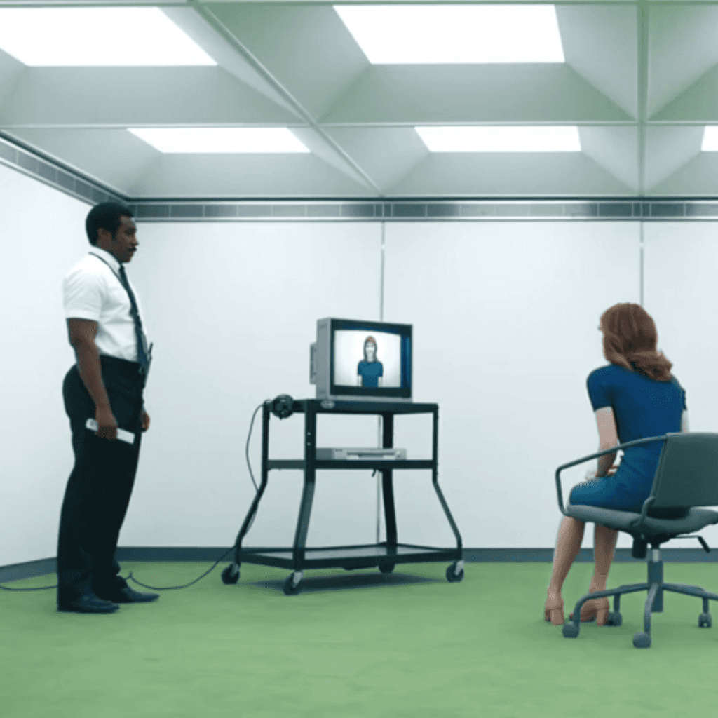 Severance Season 1 Review: A person and another person in an office looking at a television.