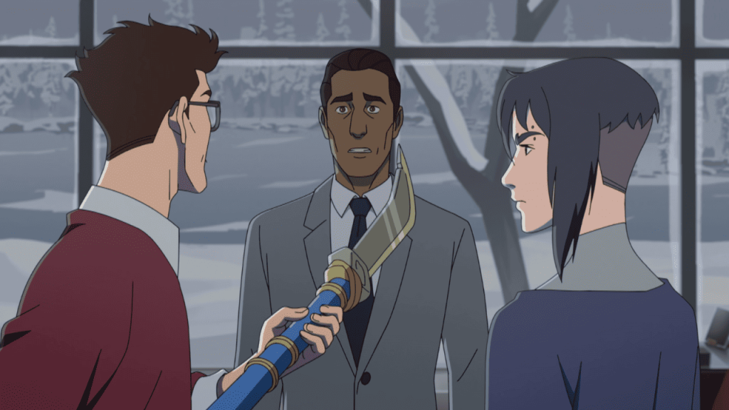 Pantheon (animated series): three people in suits talking to each other in front of a window