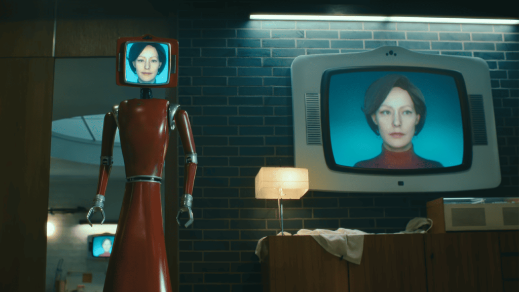 Cassandra Netflix Review: a robot stands in front of a television in a room