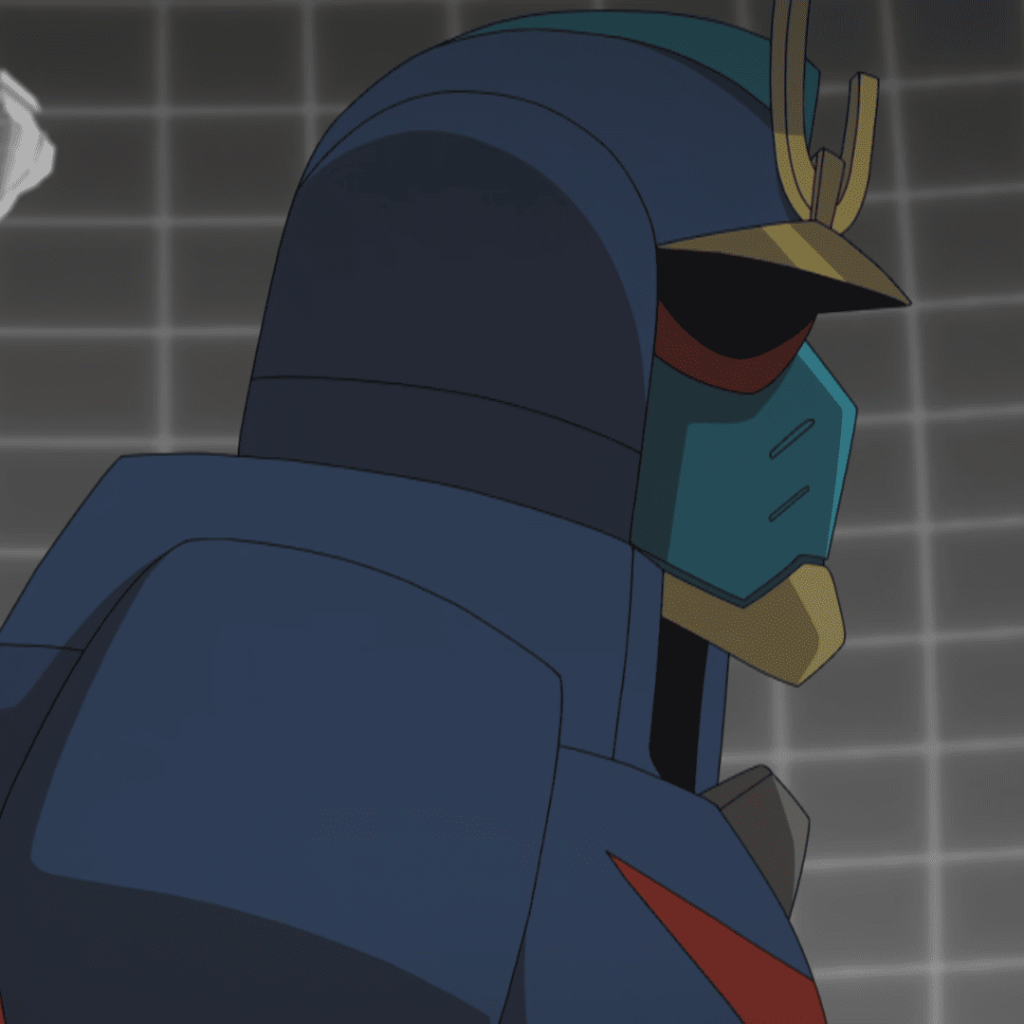 Pantheon (animated series): a blue robot with red and blue armor standing in front of a wall