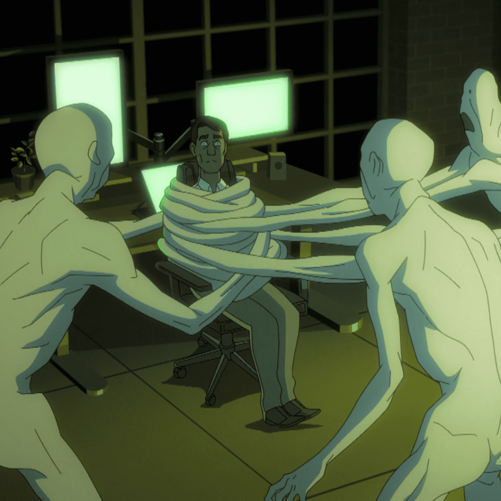 Pantheon (animated series): a group of people in a dark room with glowing eyes