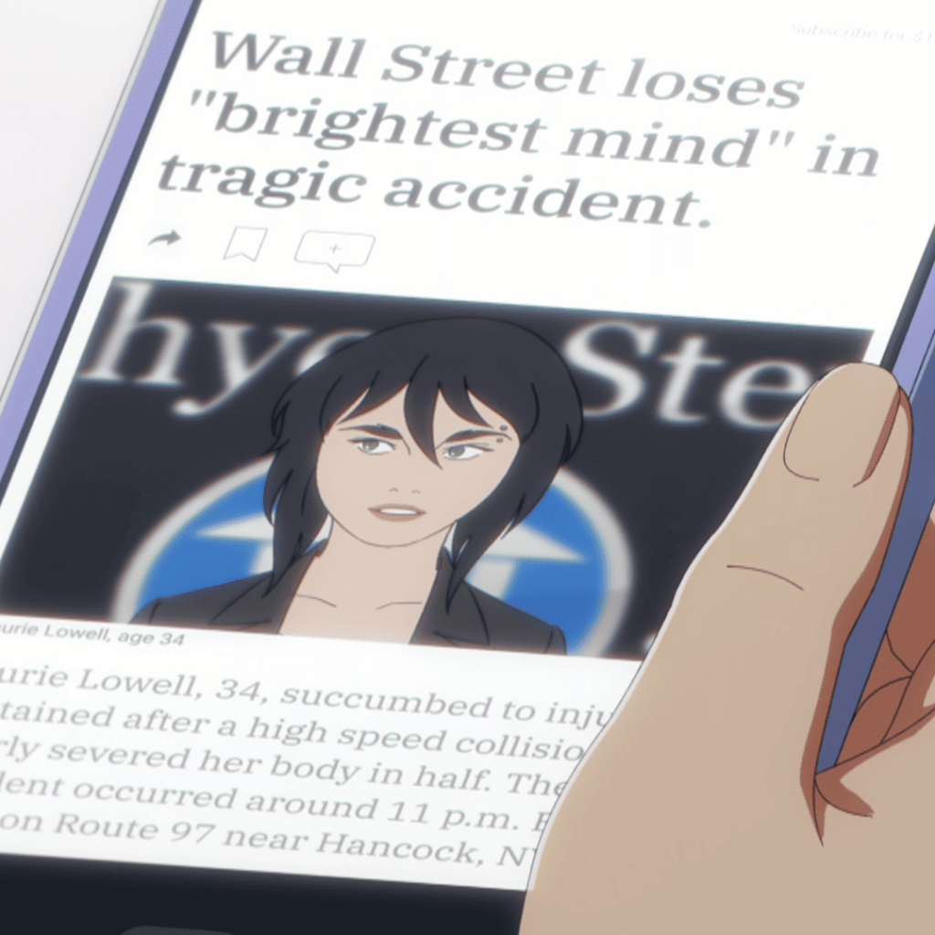 Pantheon (animated series): A woman in a news article on a phone screen