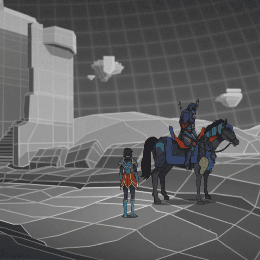 Pantheon (animated series): two people on horseback in front of a castle