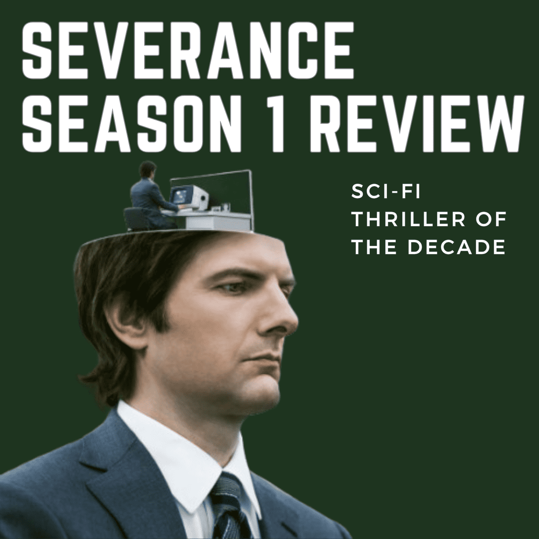 Severance Season 1 Review: a person in a suit and tie with a laptop in their head