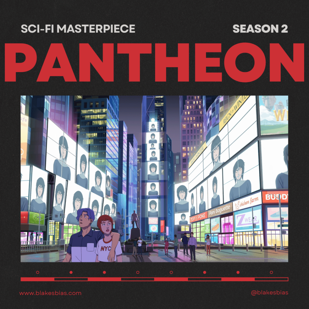 Pantheon Season 2 First Impressions: an animated scene of people walking down a city street at night