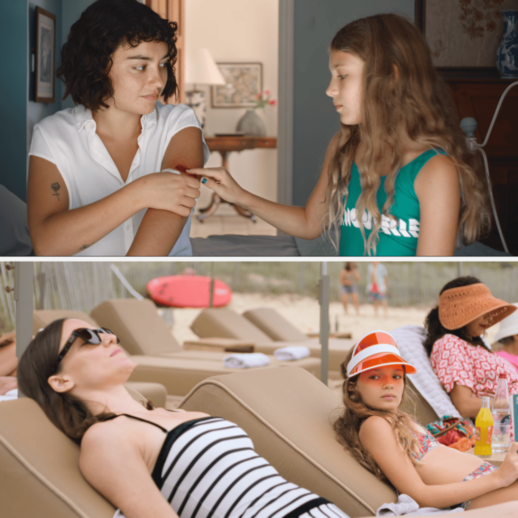 Two images of a person showing an injury to a child and a child staring from her sunlounger