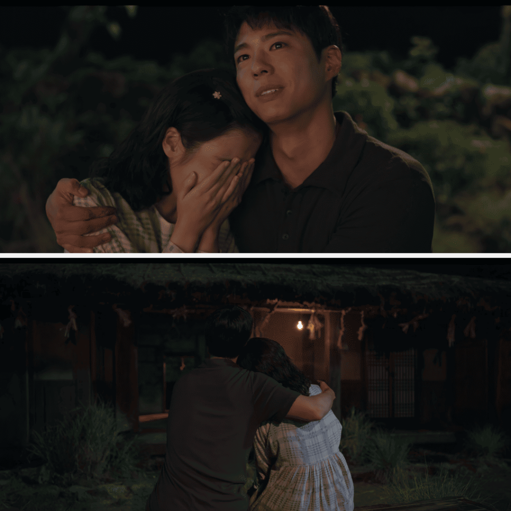 When Life Gives You Tangerines Review: A couple are hugging in front of a hut.