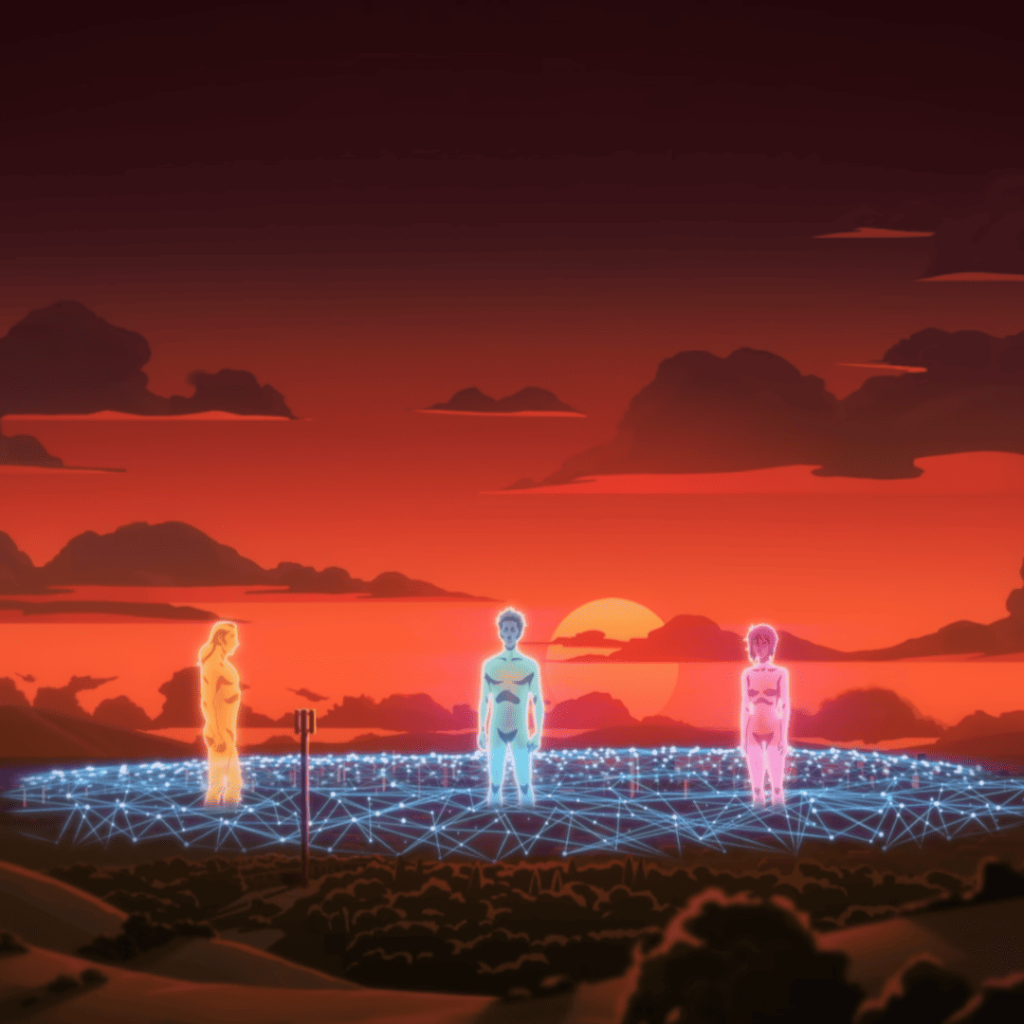 Pantheon Season 2 First Impressions: three people standing in front of a field with a sunset in the background