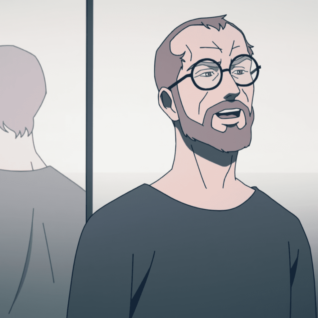 Pantheon Season 2 First Impressions:  A person with glasses and a beard standing in front of a mirror.