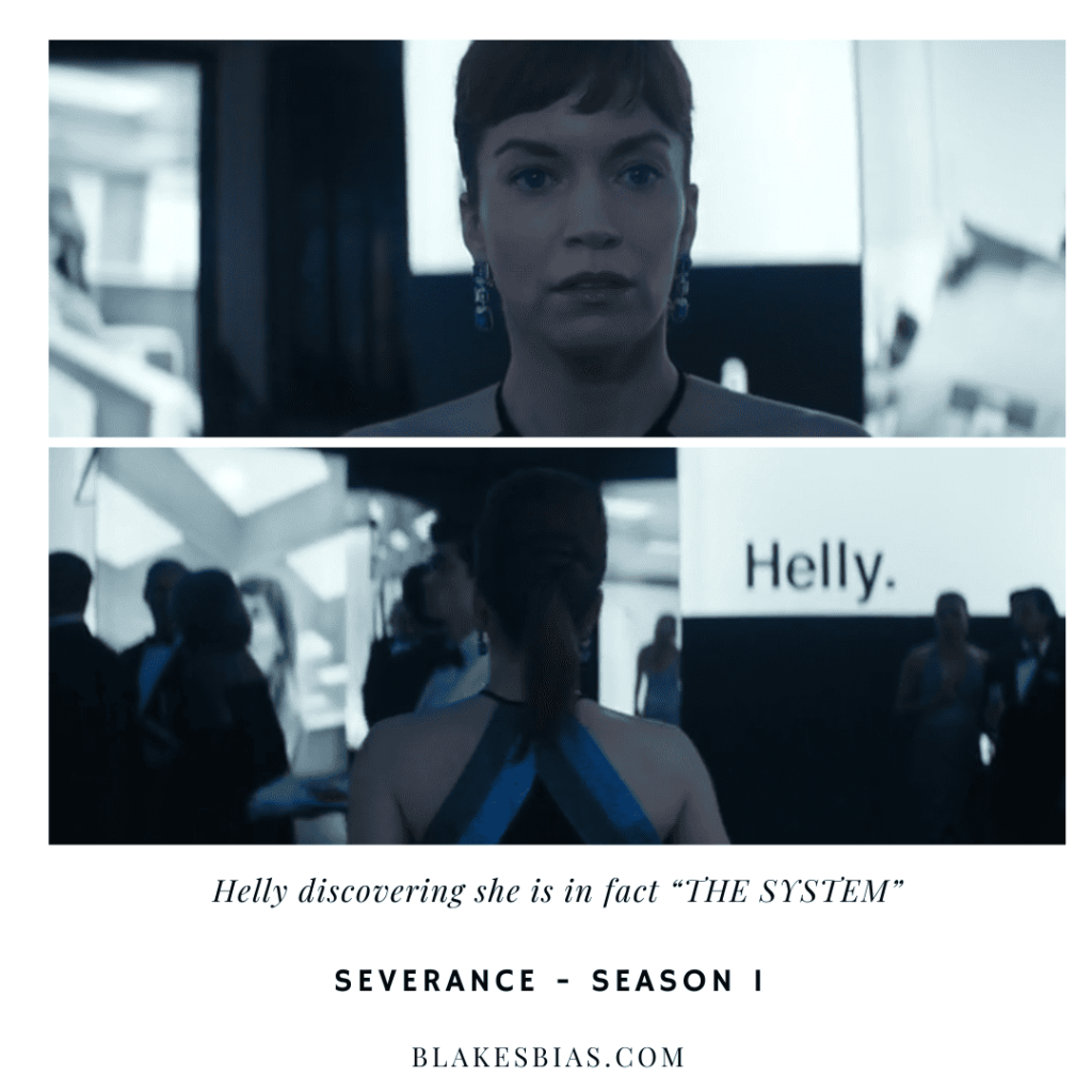 Best Severance Characters: A person in a black dress standing in front of a mirror.