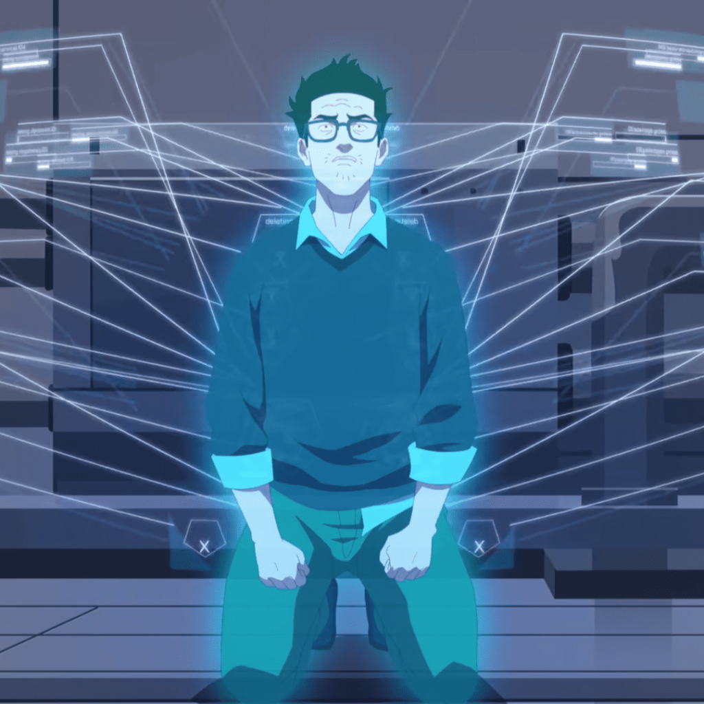 Pantheon Season 2 First Impressions: A person with glasses sitting in front of a computer screen.