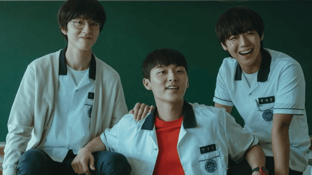 revenge k-dramas: Three individuals are sitting together in front of a blackboard.
