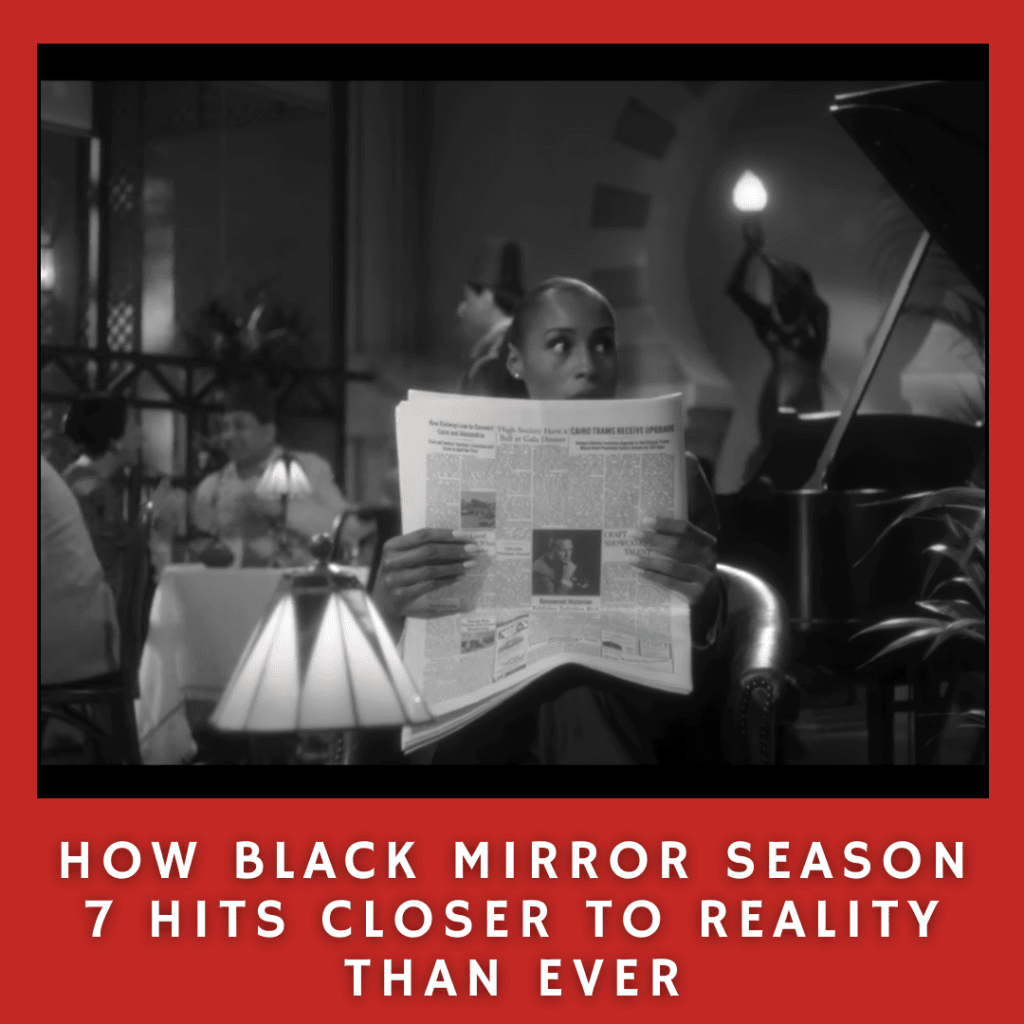Black Mirror Season 7 Reflection: Brandy from Hotel Reverie  sitting in a hotel lobby reading a newspaper, reflecting on the blurred line between reality and virtual worlds.