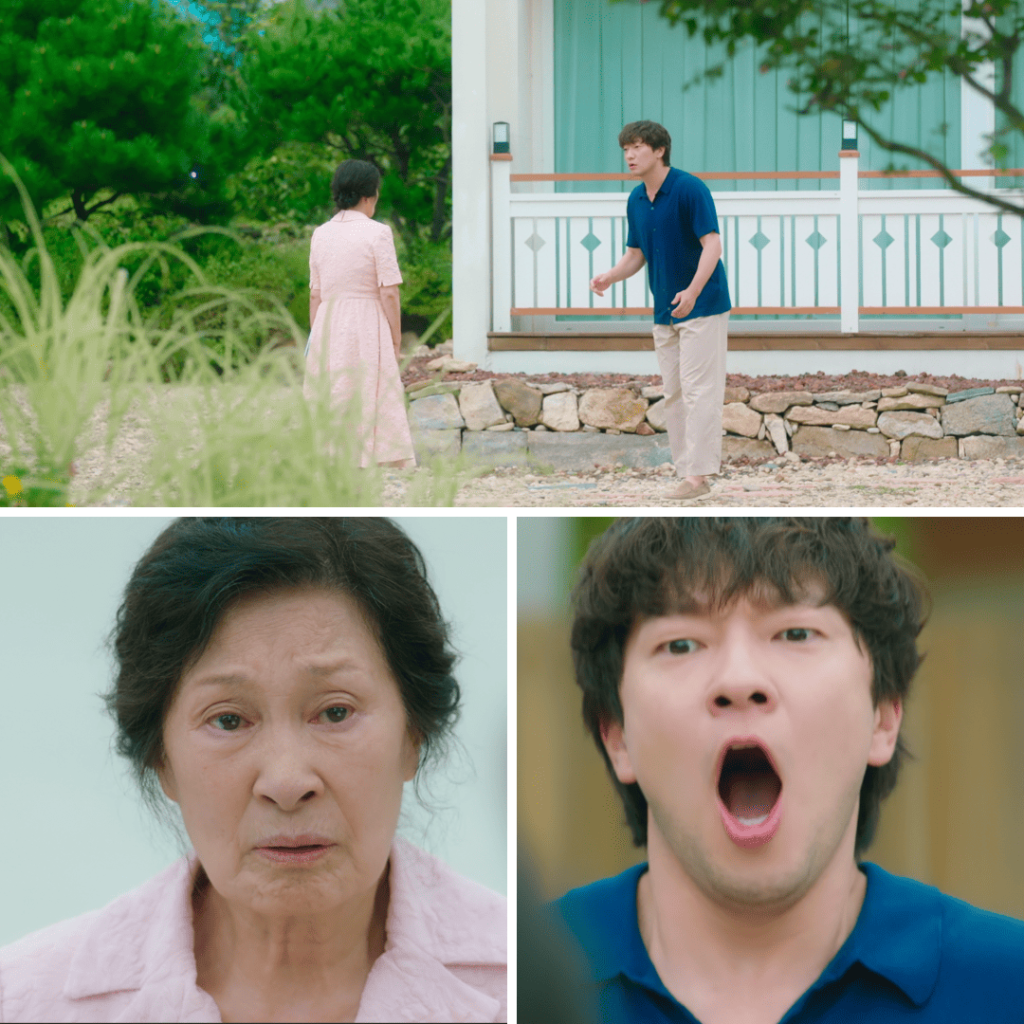 Three-scene collage from Heavenly Ever After: an older woman faces a young man outside a house, followed by close-ups showing her emotional expression and his shocked reaction
