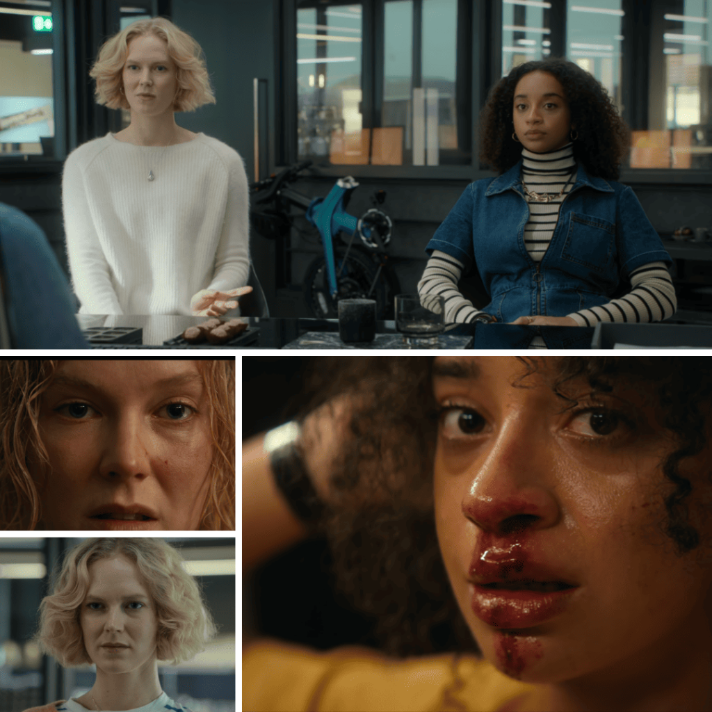 Black Mirror Season 7 Reflection: A 4-image grid featuring Maria and Verity from Bête Noire, capturing the tense moments of revenge and psychological terror fueled by quantum power.