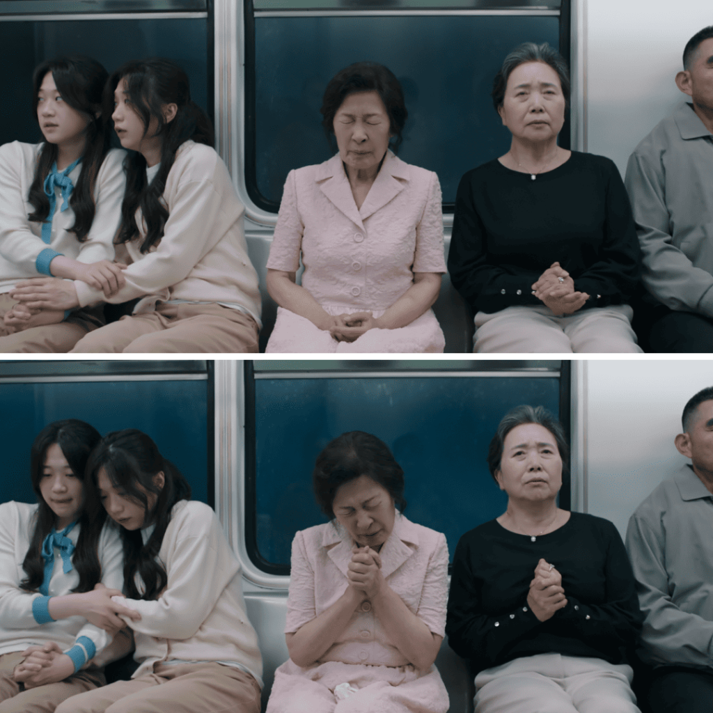 Two stills from Heavenly Ever After showing elderly women and schoolgirls sitting solemnly on a subway, eyes closed and hands clasped in prayer or reflection.