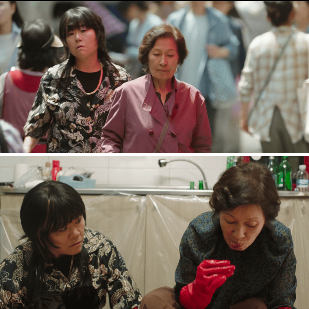 Heavenly Ever After: Two scenes from Heavenly Ever After: an older and younger woman walking through a crowded street, then crouched together in a kitchen