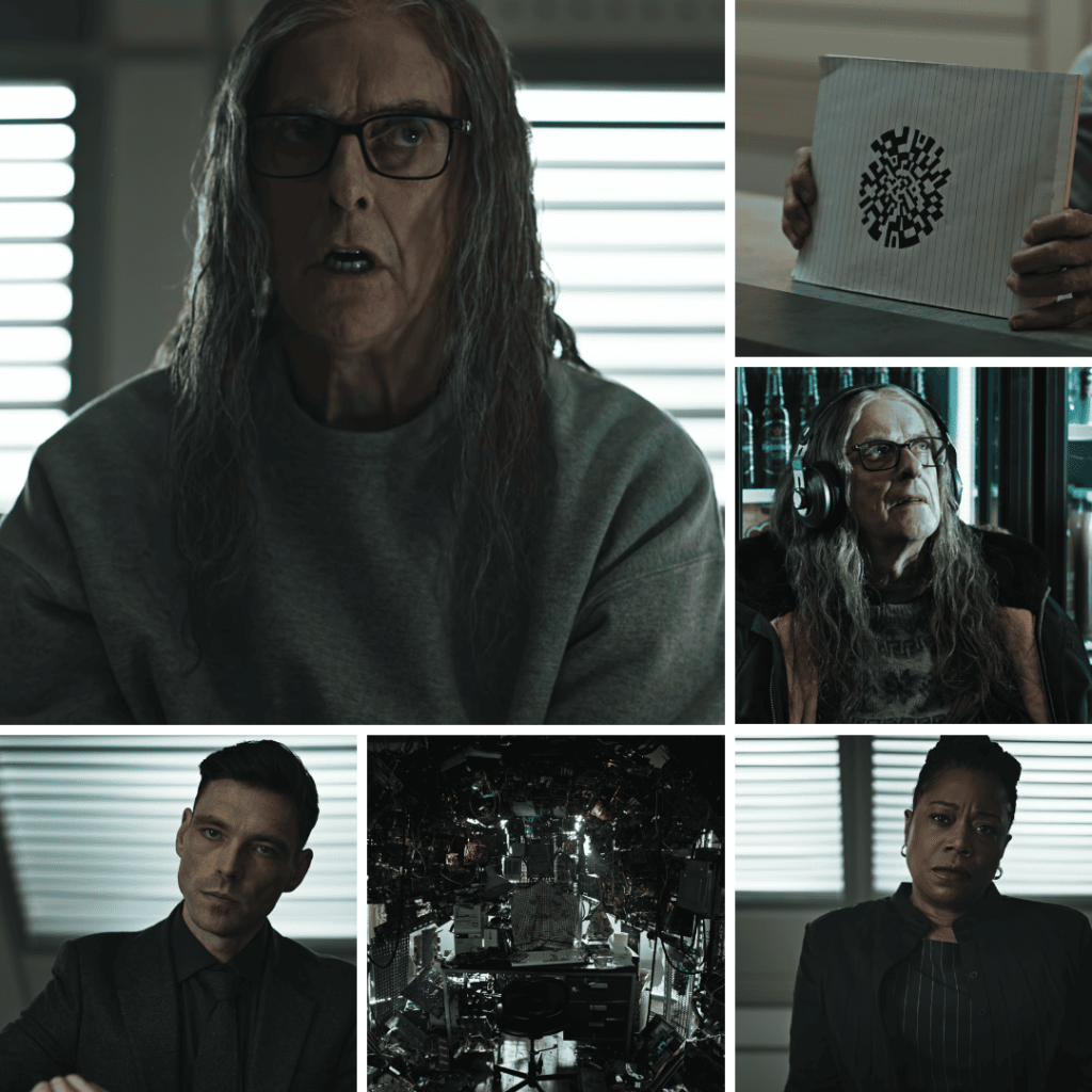 Black Mirror Season 7 Reflection: A 6-image grid featuring Cameron Walker, DCI Kano, Jen Minter, and the tech elements from Plaything, capturing the descent into chaos and mind-bending realities