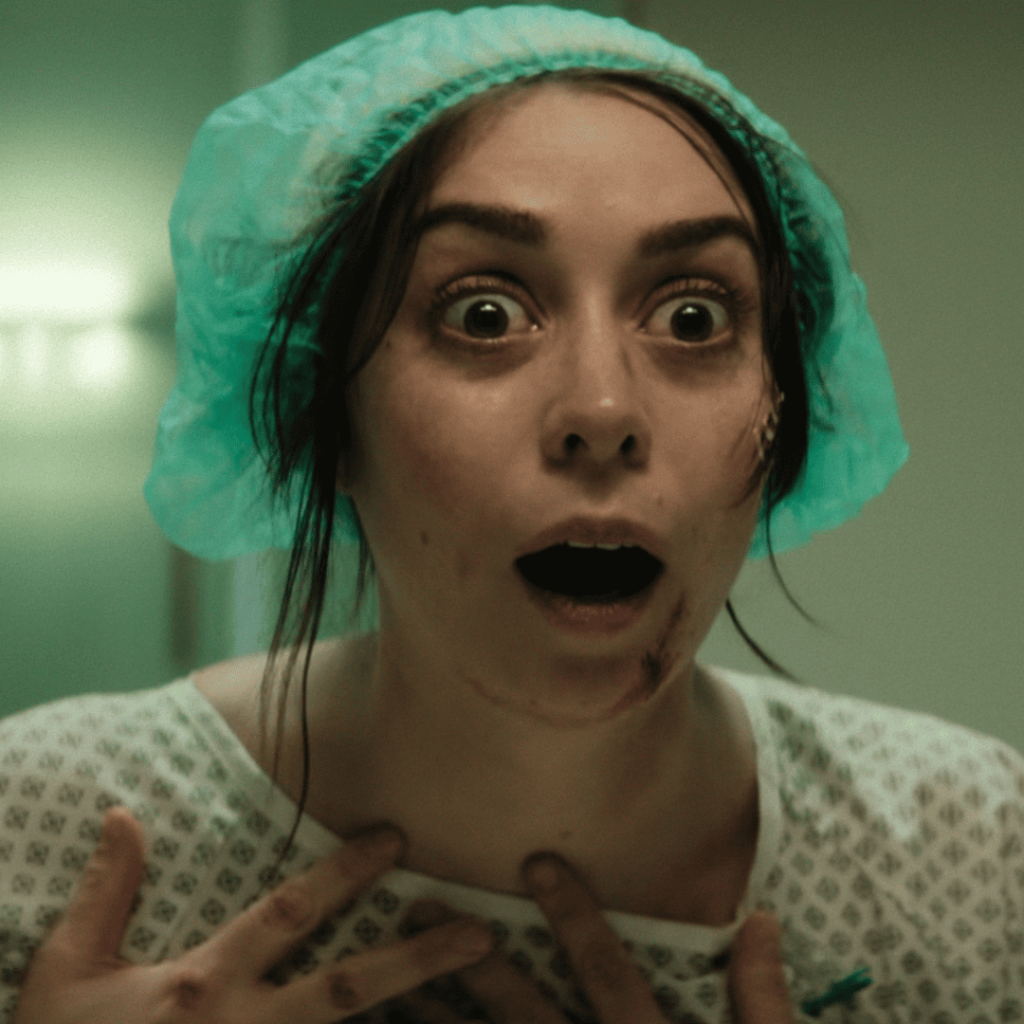 Black Mirror Season 7 Reflection: Nanette the clone, shocked and disoriented, stares at her reflection in the mirror, trapped in the body of the real Nanette staring in the hospital mirror