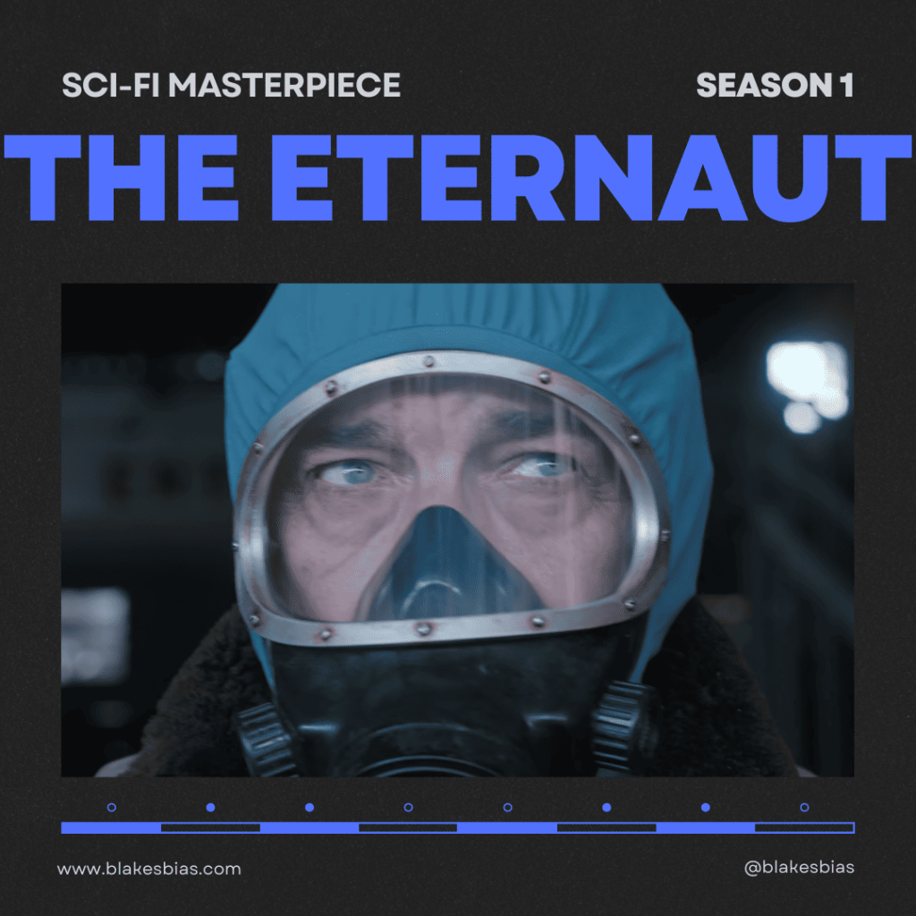 Juan Salvo wearing mask, stepping into snow-covered city – The Eternaut Review

