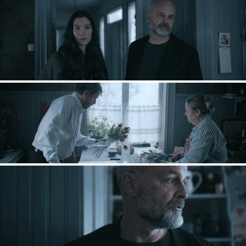 Glass Dome Review: Lejla, Tomas, and Valter arranging flowers in a kitchen before the funeral, their expressions veiled and tense