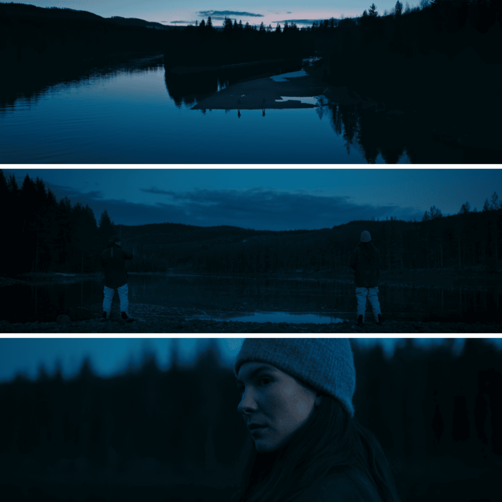 Glass Dome Review: Lejla and Valter by a frozen lake, fishing in silence under a blue winter sky