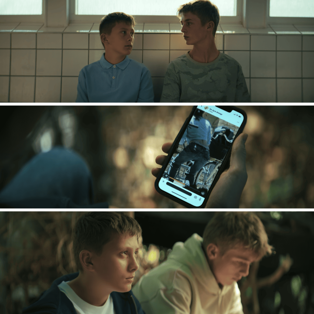 Secrets We Keep: Teen boys in locker rooms, secret phone footage, and two friends standing side by side after violating trust.