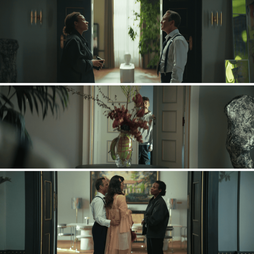 A tense home scene with police, Katarina and Rasmus, and Oscar lurking nearby in Secrets We Keep