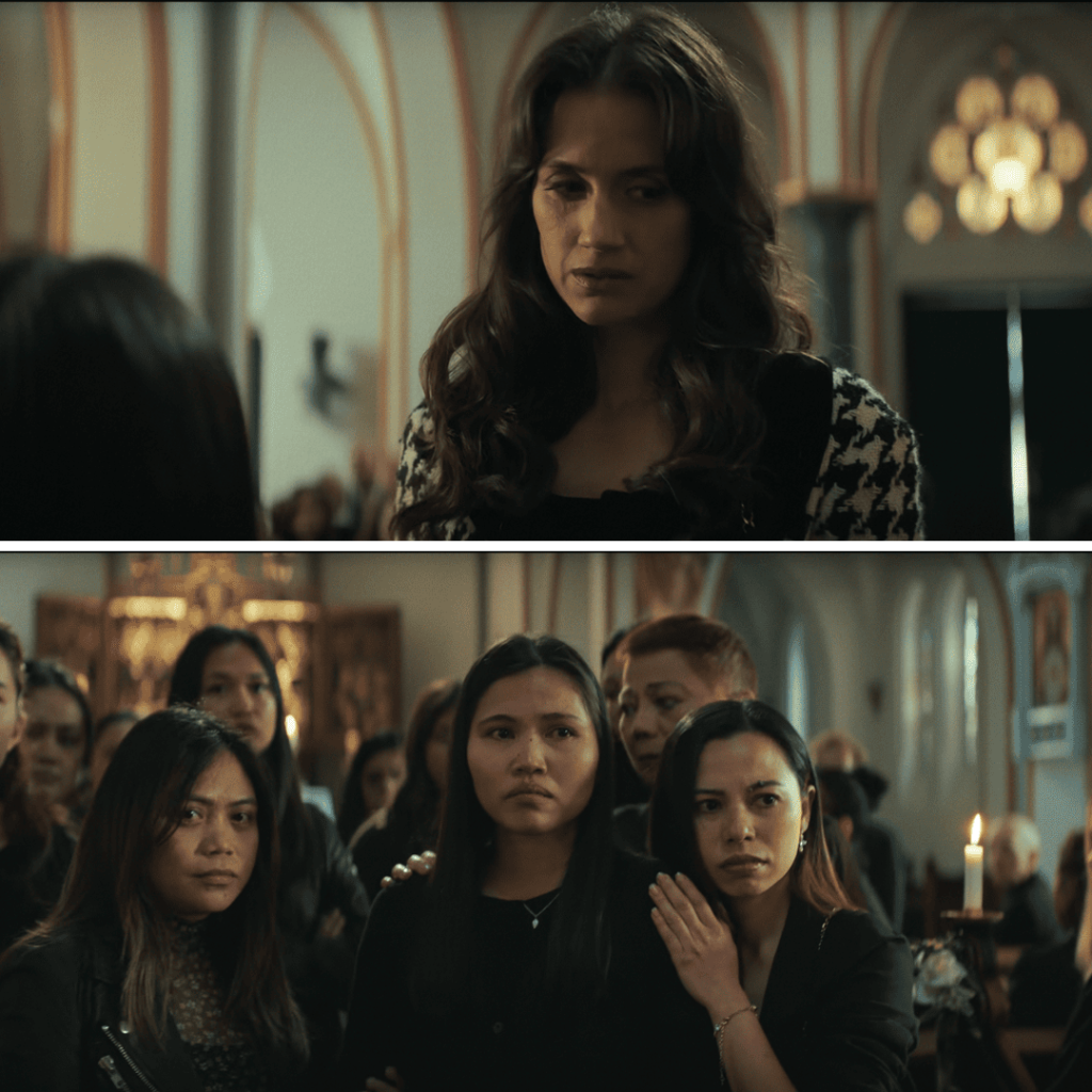 Secrets We Keep: The au pairs mourn at Ruby’s funeral as Katarina watches, unbothered and untouched.