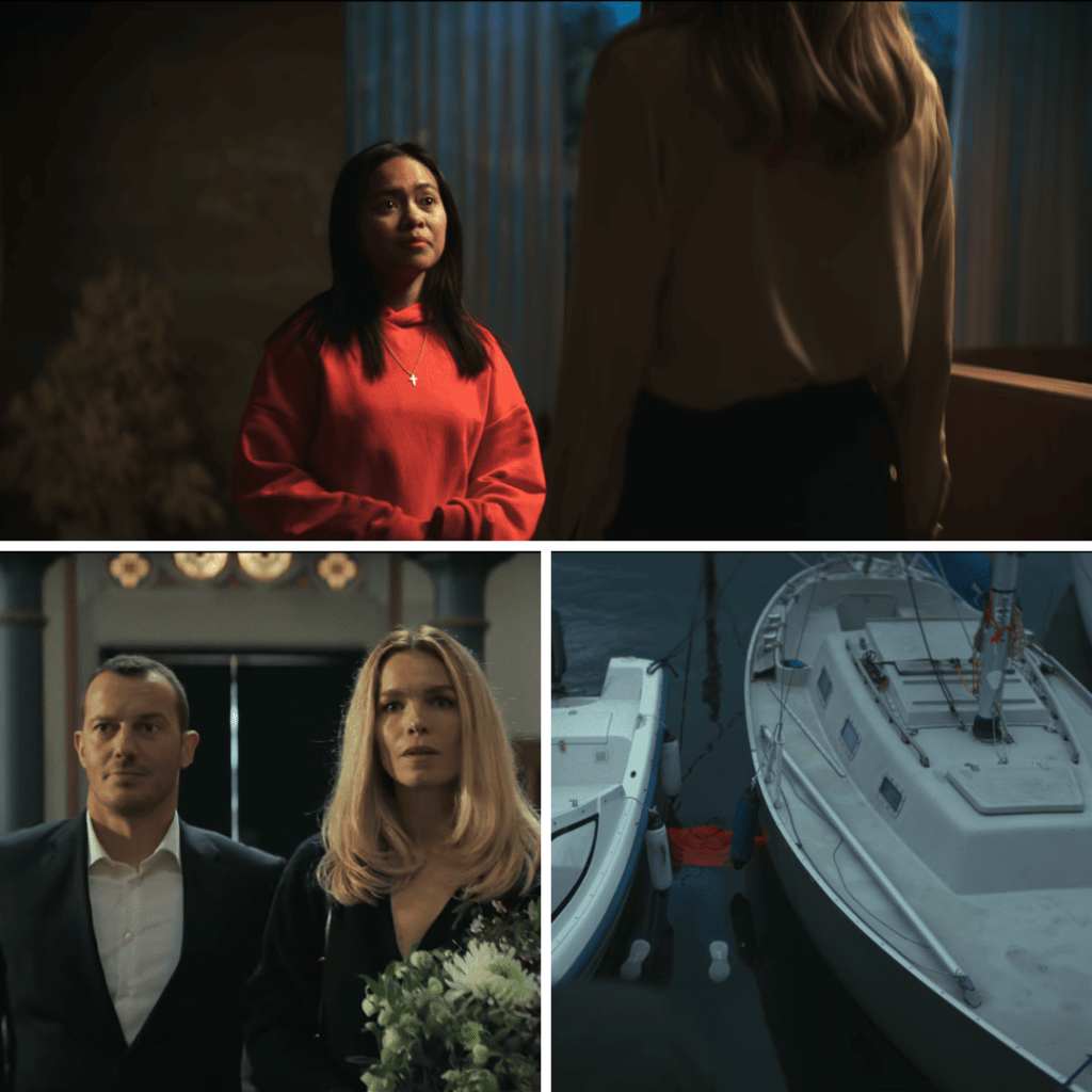 Secrets We Keep: A grid of Ruby pleading with Cecile, Cecile and Mike at the funeral, and Ruby's body in the water.