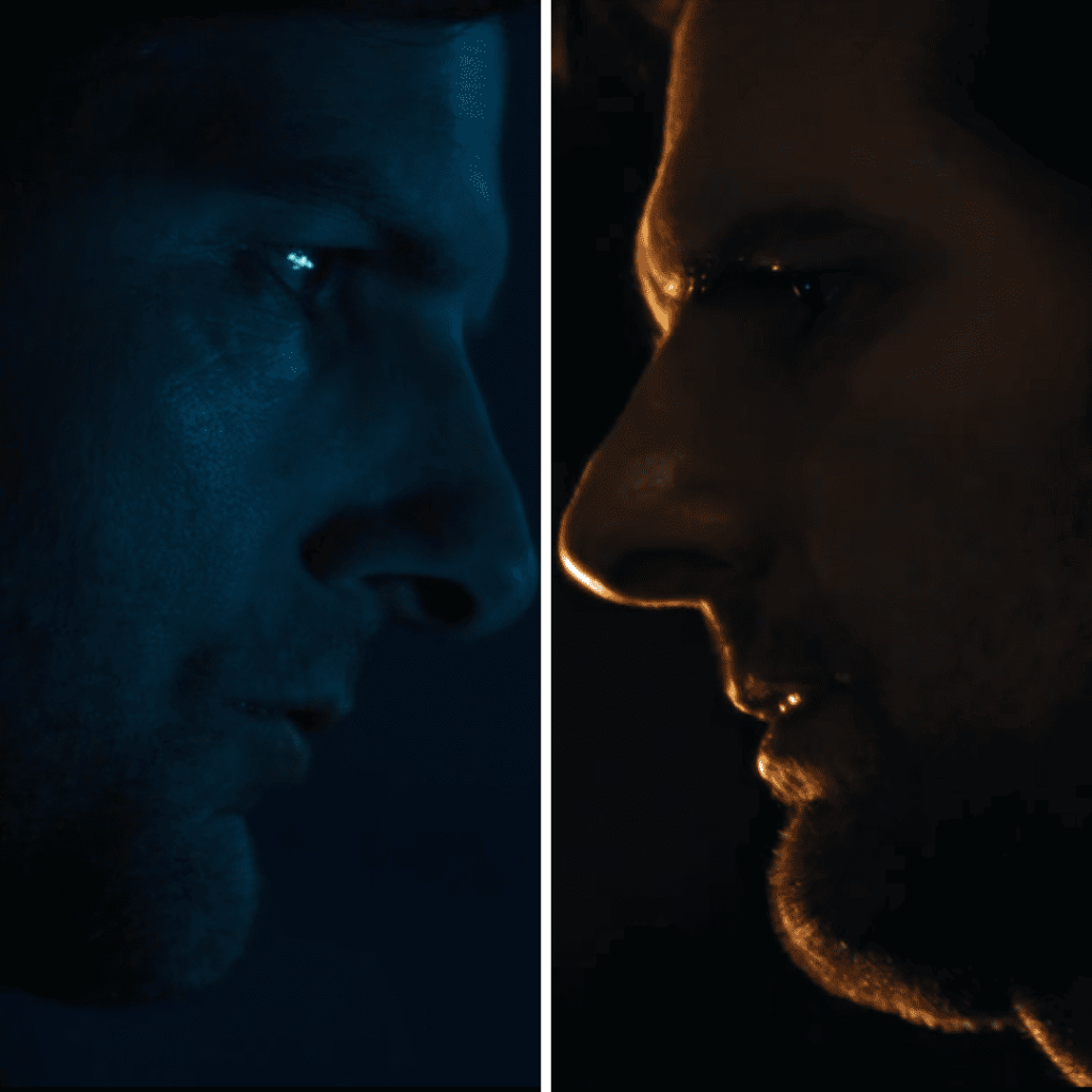 Severance Season 2 Identity: Close up of Innie Mark and Outie Mark in a face off