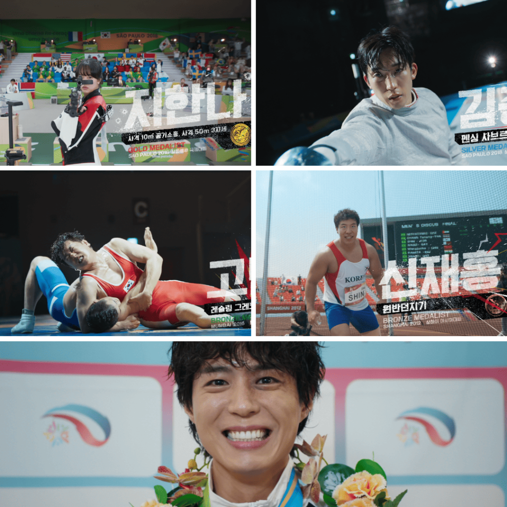 Good Boy Kdrama First Impressions: Five Olympians shown in action: shooting, fencing, wrestling, and discus throw