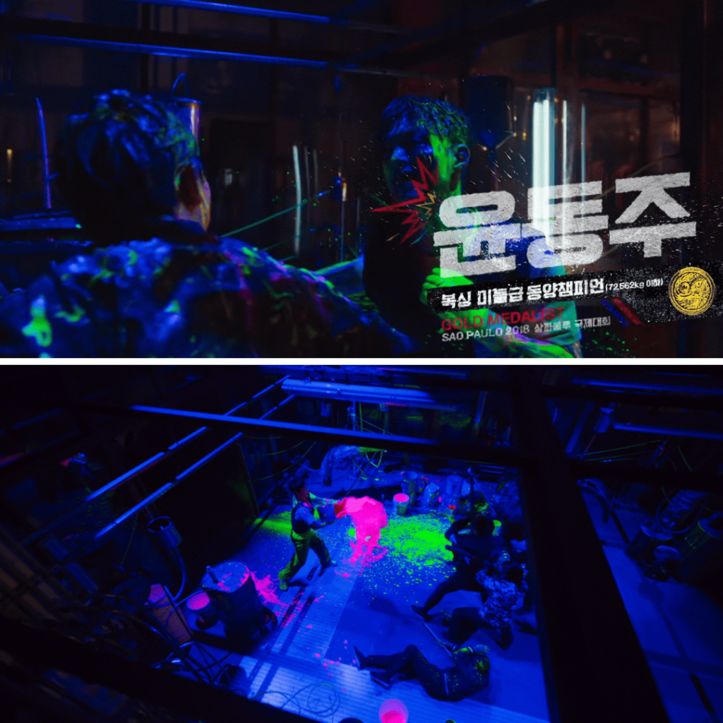 Good Boy Kdrama First Impressions: Two scenes under neon blacklight: a face-off in paint and a chaotic fight with splashes of fluorescent color