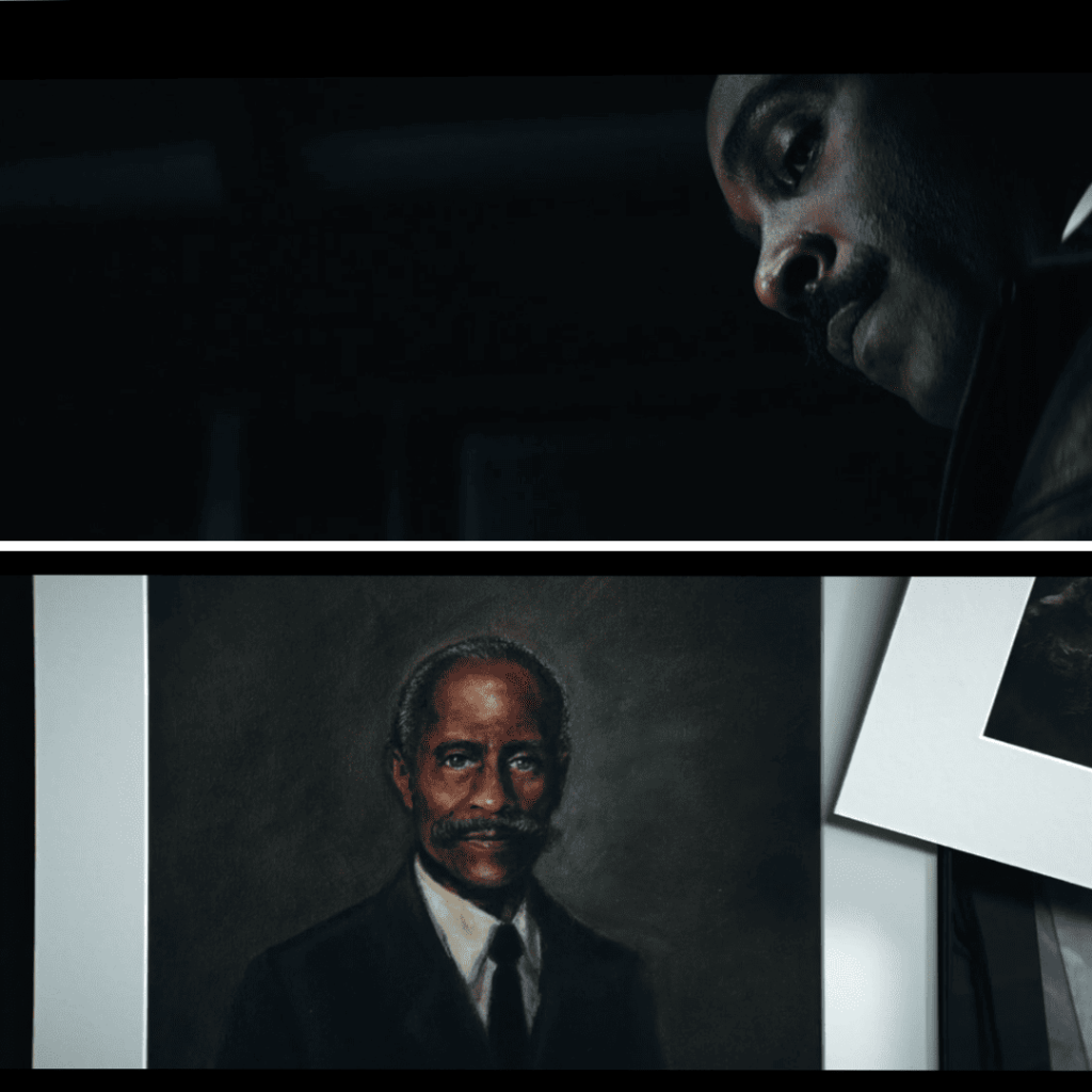 Milchick stares at the image of Black Kier, symbolizing Severance Season 2 Identity complexities and tokenism.