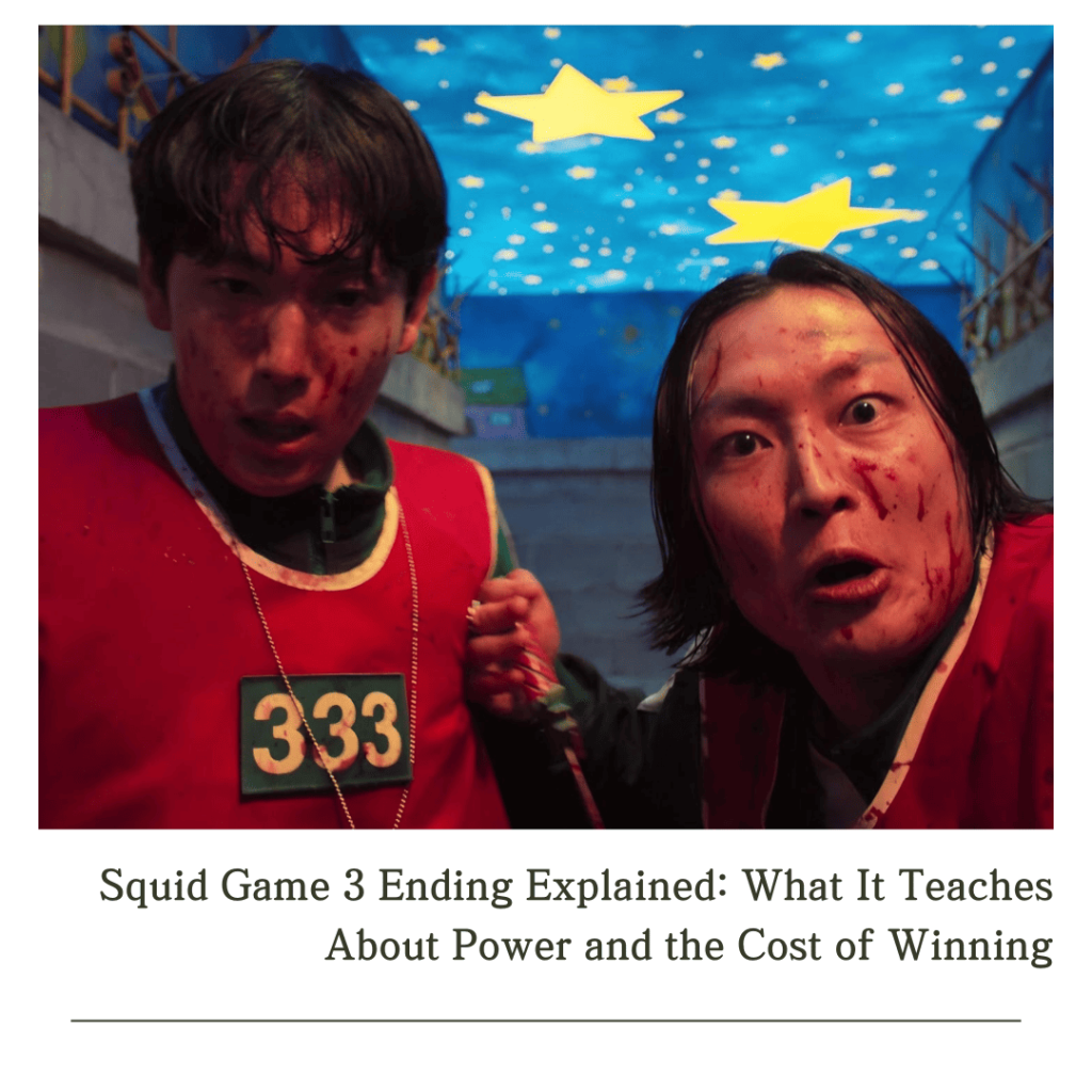 Two bloodied contestants under a starry ceiling in Squid Game 3 finale