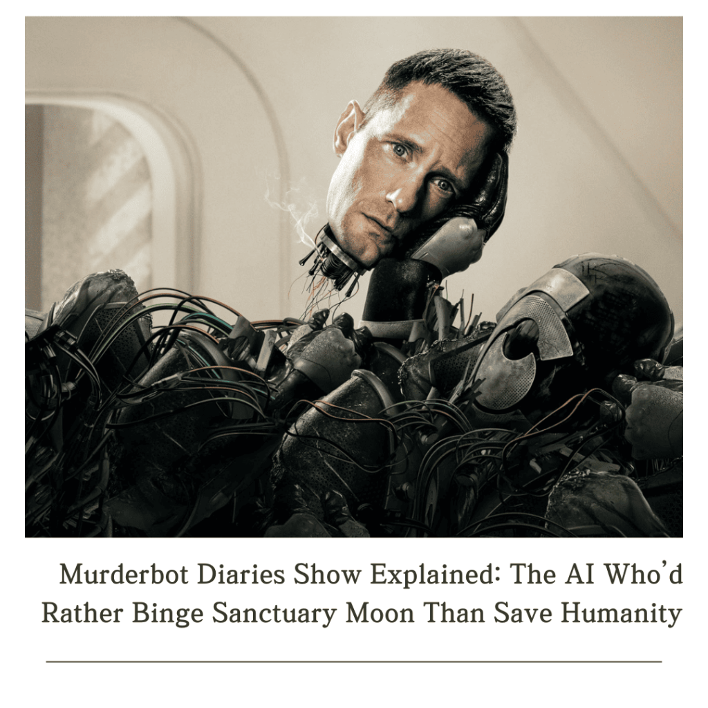 Murderbot Show Explained: Promo Poster of a cyborg with a human face removed, wires exposed, symbolizing AI who’d rather binge Sanctuary Moon than deal with humans.