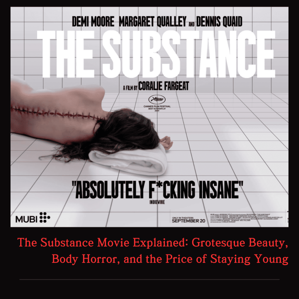 The Substance movie explained through a shocking image of a woman lying nude with a massive stitched scar down her back, symbolizing grotesque beauty and bodily transformation.