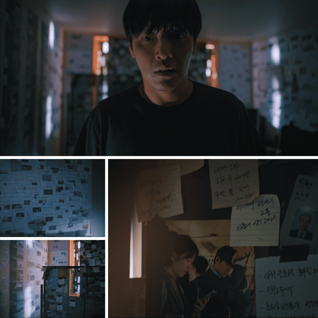 Man stands in room covered with surveillance notes and newspaper clippings in Wall to Wall Movie Review.