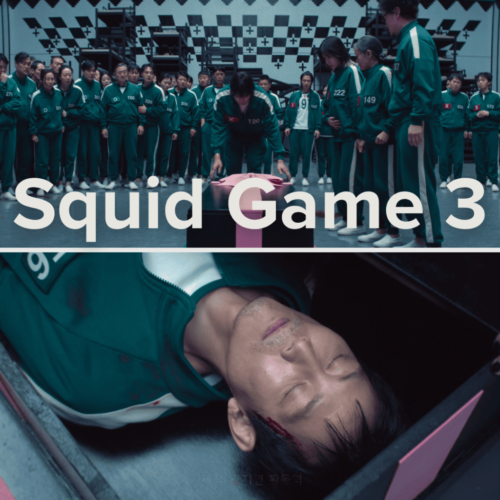 K-dramas Like Squid Game: Contestants in green tracksuits stand around a black coffin with a pink ribbon, as a player’s body lies inside — scene from Squid Game 3.