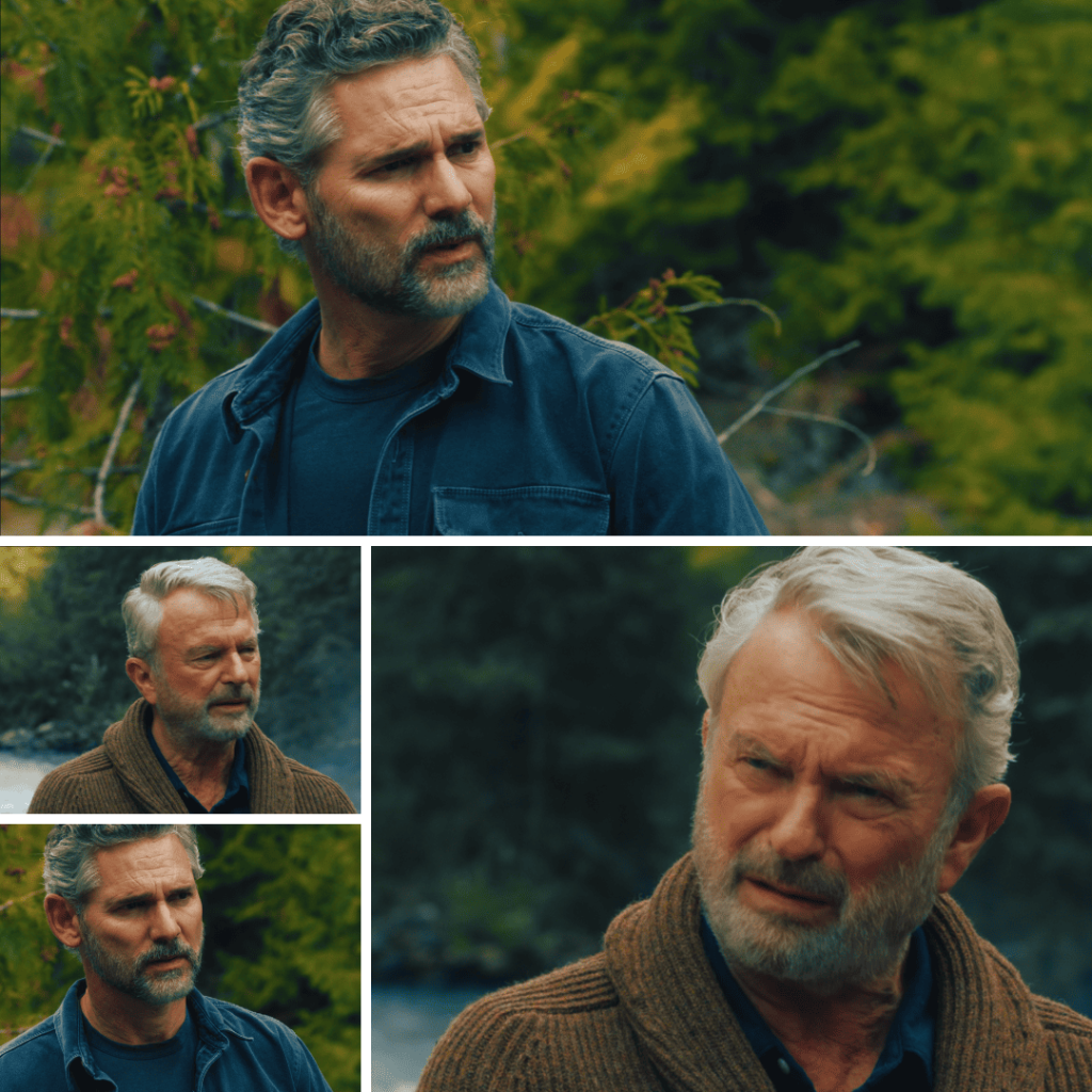 Close-up shots from Untamed Netflix Review: Kyle Turner confronts his boss Paul Souter in the woods—both men carrying secrets, guilt, and decades of emotional rot.
