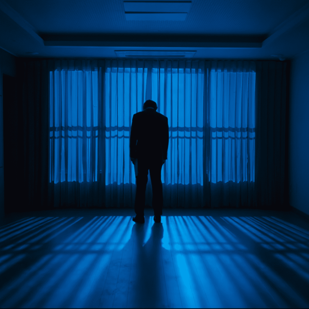 Silhouetted man stands alone in a blue-lit apartment in Wall to Wall Movie Review