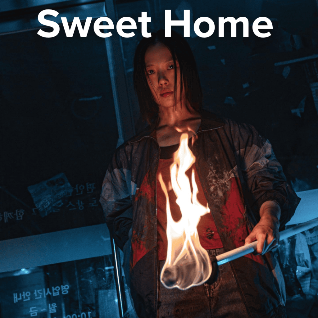 Woman holding a flaming torch in a dark scene from Sweet Home, a horror K-drama like Squid Game full of survival suspense.