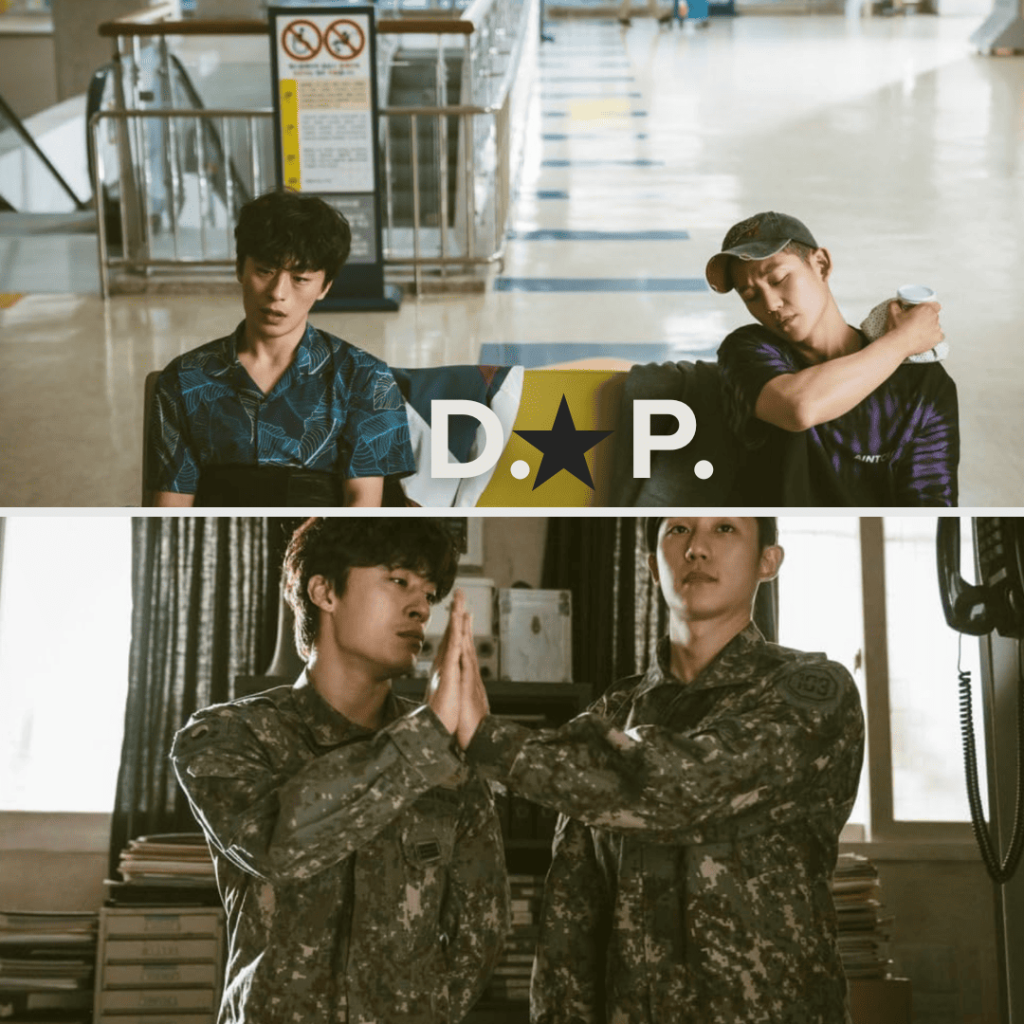 Scenes from D.P., a gritty K-drama like Squid Game, showing soldiers in tense and emotional moments.