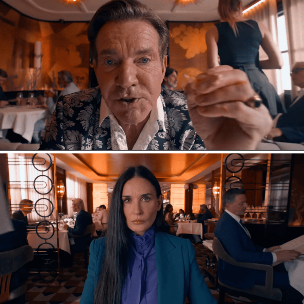 The Substance movie explained through a chilling power dynamic: Dennis Quaid's smug character lectures while Demi Moore's protagonist sits stone-faced, symbolizing the silent rage beneath societal beauty expectations.